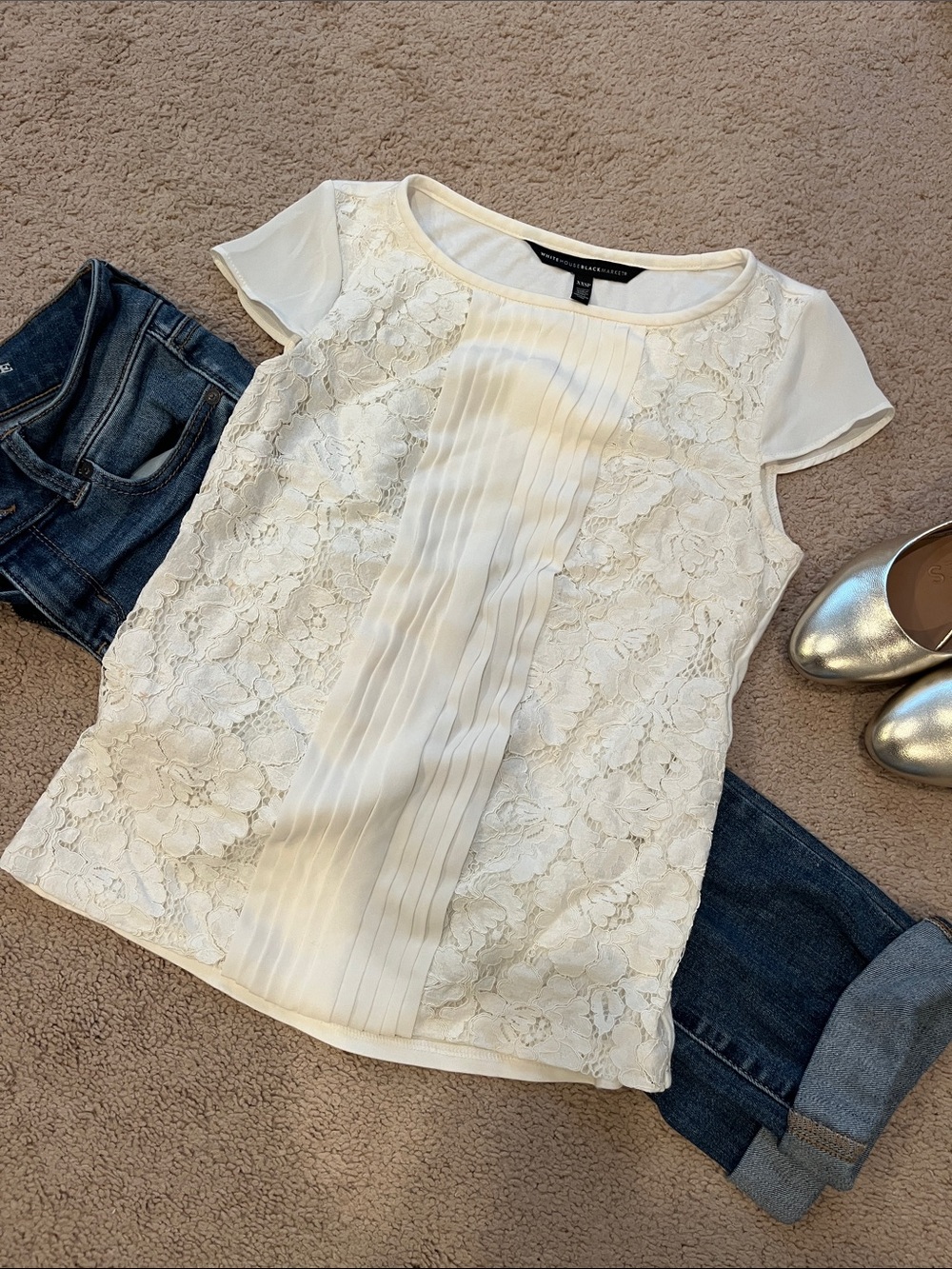 White House Black Market Ivory Lace Pleated Front Short Sleeve Top